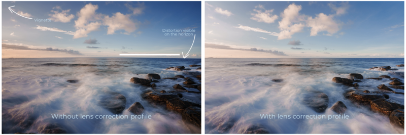 Coastal seascape showing lens distortion correction comparison, with rocky shore and waves in foreground.