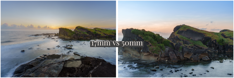 Comparison of 17mm vs 50mm focal lengths showing the same coastal landscape with rocky outcrops and grass-covered cliffs.