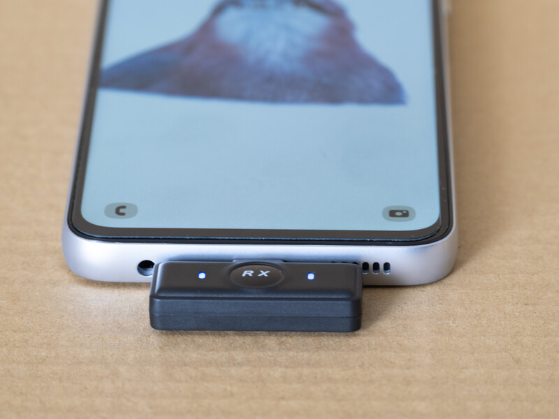 Smartphone with USB-C docking station attached to bottom showing ray or manta ray image on screen.