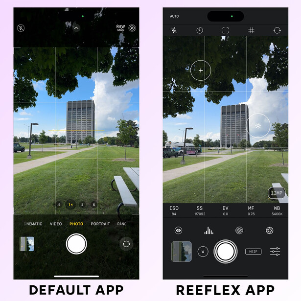 Screenshot comparing default camera app interface with Reeflex app interface on mobile phones.