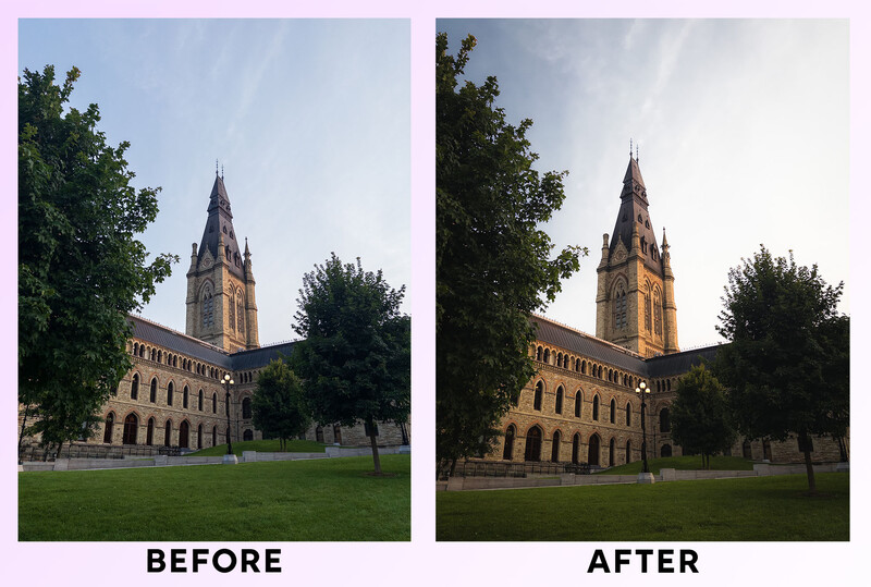 Before and after comparison of a Gothic stone building with a clock tower, showing increased contrast and warmth in the processed version.