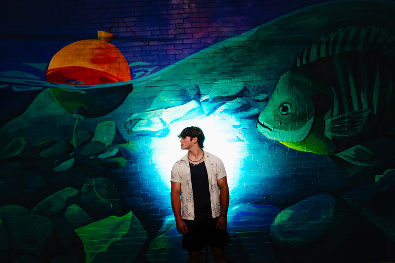Person standing centered before glowing blue light surrounded by large green fish and orange dome illustrations.