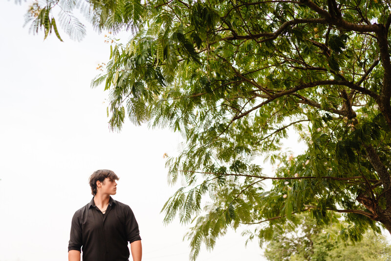 Man in dark shirt standing beneath weeping willow tree with cascading green foliage.