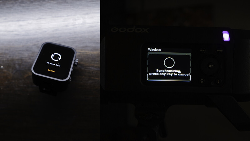 Screenshots of smartwatch pairing screens showing wireless synchronization and connection prompts.