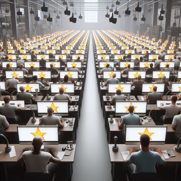Hundreds of workers seated at desks in a massive warehouse-like office space with yellow star symbols above each person.