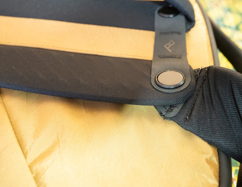 Close-up of a camera strap attachment point with a circular metal eyelet on black nylon webbing.