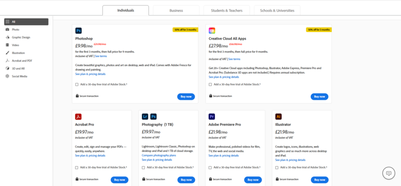 Screenshot of Adobe Creative Cloud and individual software pricing plans including Photoshop, Acrobat Pro, and Illustrator.
