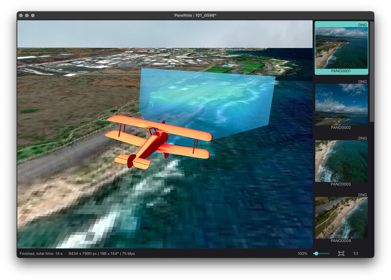 Screenshot of aerial mapping software displaying a biplane overlaid on coastal terrain with water and land features.