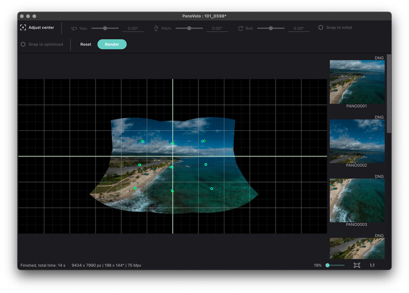 Screenshot of photo editing software displaying coastal landscape image with grid overlay and adjustment panels.