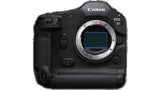 Canon EOS R1 mirrorless camera body shown from front with lens mount visible against black background.