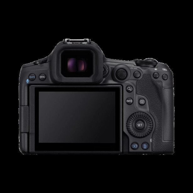 Canon EOS R5 mirrorless camera shown from rear, displaying LCD screen and control buttons.