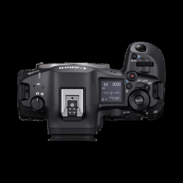 Top-down view of a professional mirrorless camera body with flash unit and control dial visible.