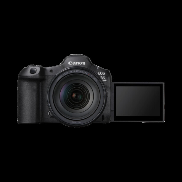 Canon EOS R6 Mark II mirrorless camera with articulating touchscreen displayed against black background.
