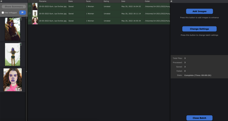 Screenshot of a photo management software interface showing batch editing controls and image thumbnails.