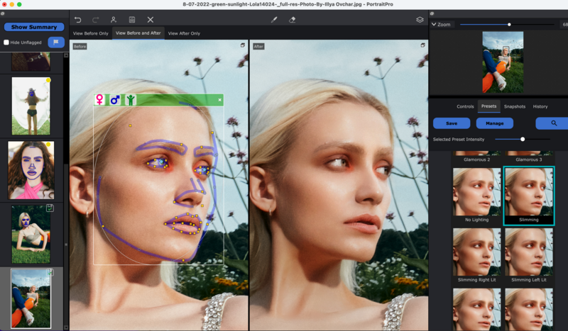 Screenshot of photo editing software showing before and after skin retouching comparison on a portrait.