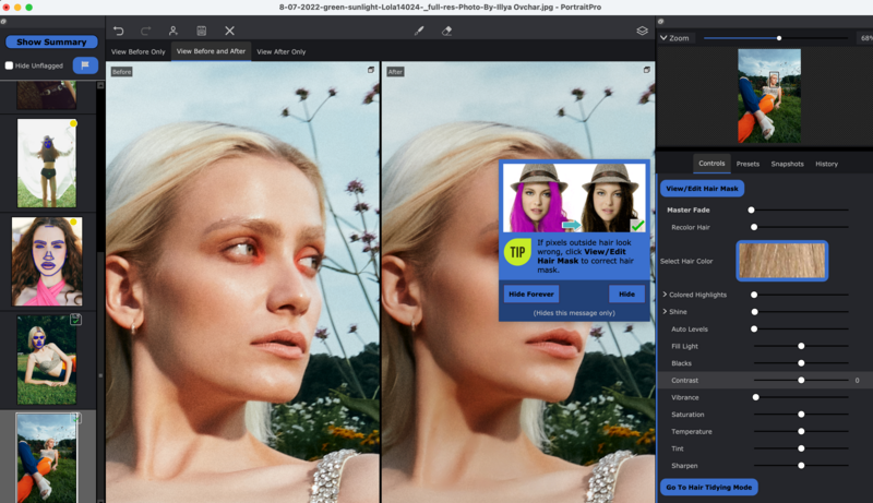Screenshot of photo editing software showing before and after portraits with face detection overlay.