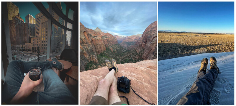 Triptych of first-person perspective travel photos showing urban, canyon, and landscape views.