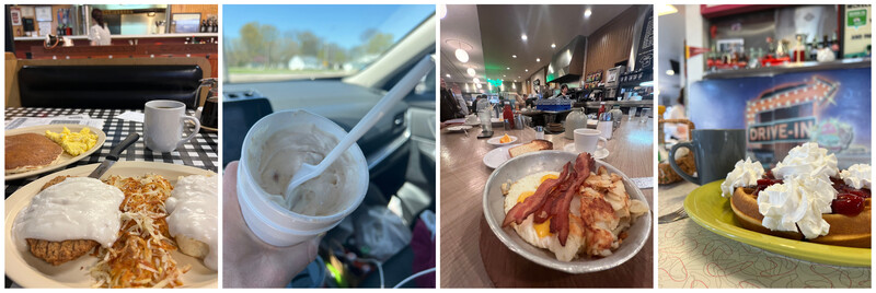 Four photographs of breakfast and diner meals showcasing different compositions and lighting in casual dining settings.