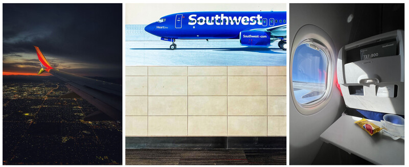 Collage of Southwest Airlines photography: winglet at night above city lights, parked aircraft, airplane window view, and cabin seat tray.