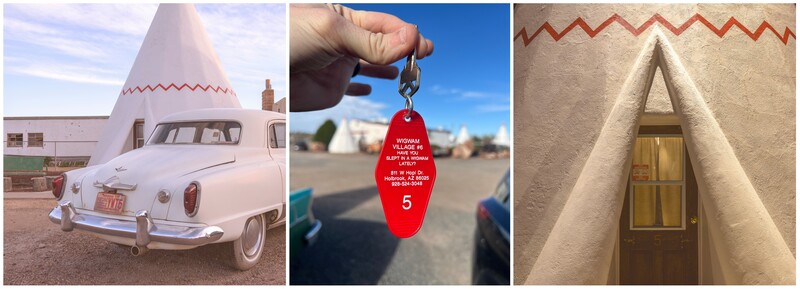 Triptych of Americana road trip photography featuring vintage car, motel key, and desert architecture.