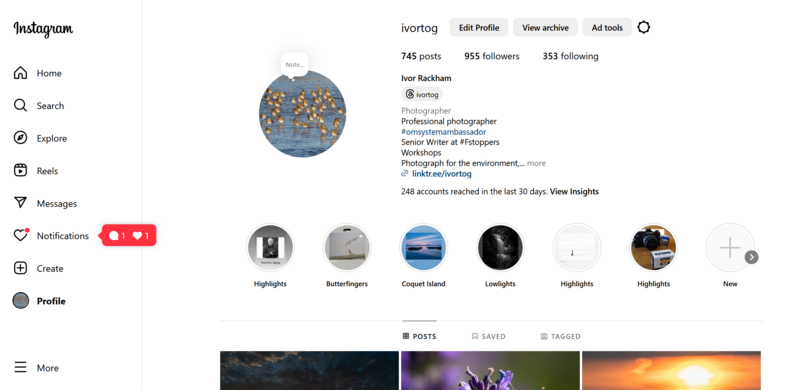 Screenshot of an Instagram profile page showing photographer account details and feed preview.