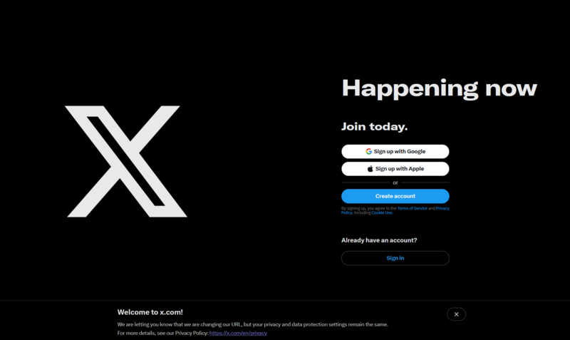 Screenshot of X's login page with white X logo, signup options, and account creation interface on black background.