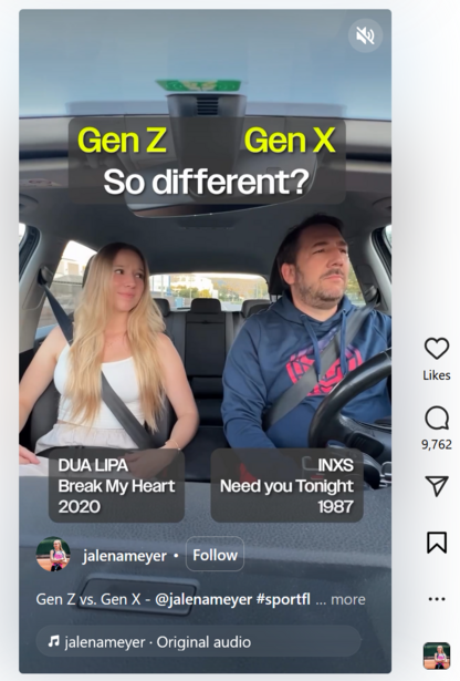 Screenshot of a social media post comparing generational differences with two people in a vehicle.
