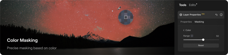 Screenshot of color masking tool in photo editing software with mountain landscape and aurora sky.