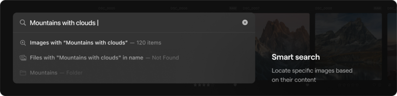 Screenshot of a smart search interface showing search results for "Mountains with clouds" displaying 120 image matches.