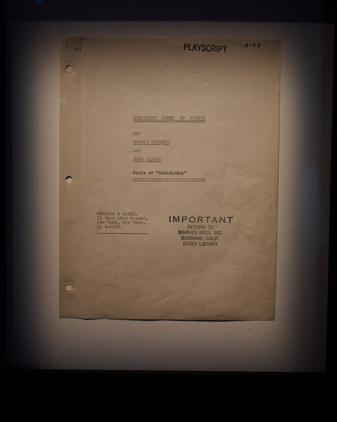 Vintage film screenplay or playscript with typed text, stamped "IMPORTANT" notice, and production company details.