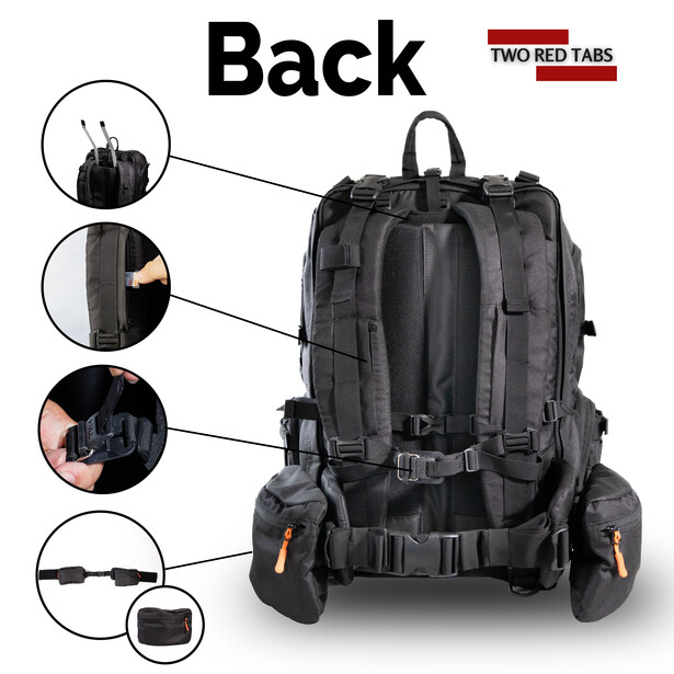 Black tactical backpack shown from rear view with labeled attachment points and accessory details.