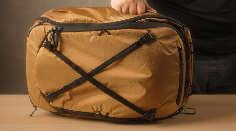 Golden-tan travel backpack with black compression straps arranged in an X pattern on the front panel.