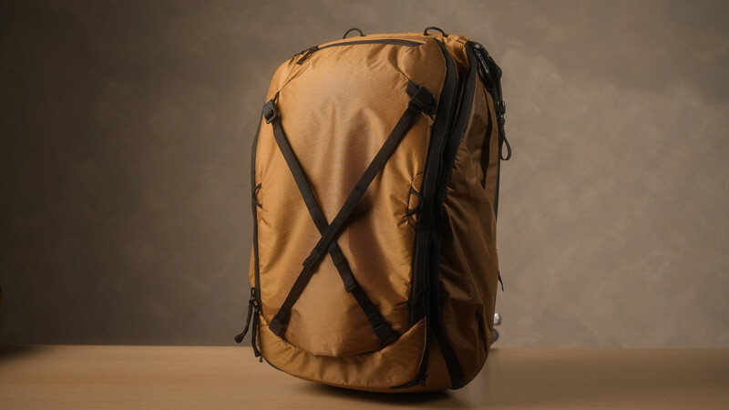 Tan travel backpack with black compression straps displayed against neutral background.