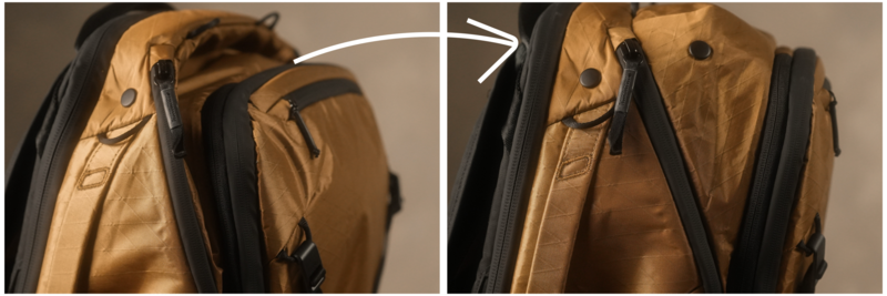 Tan backpack with drawstring cinch system shown open and closed in side-by-side comparison.