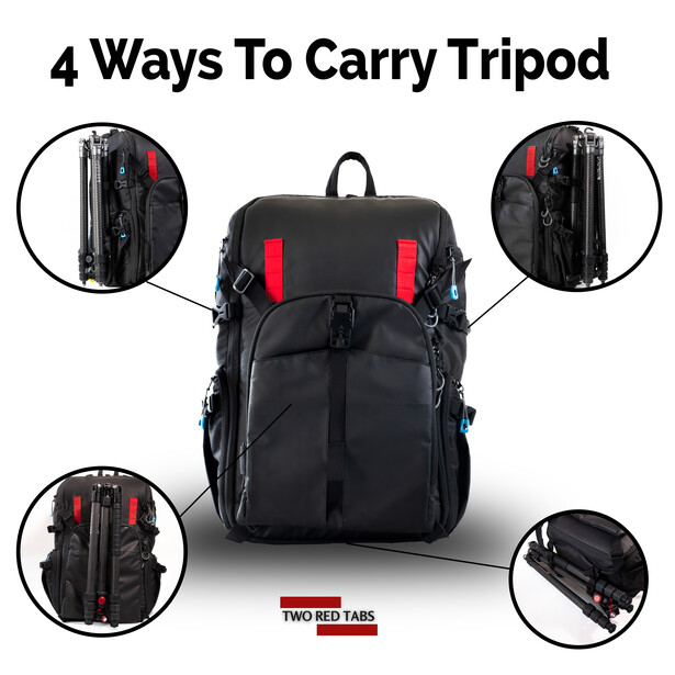 Graphic showing four different ways to attach and carry a tripod using a black camera backpack.