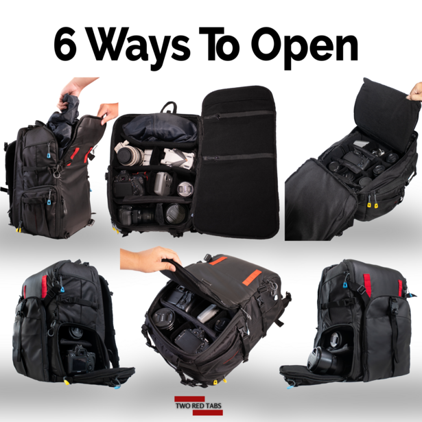Graphic illustration showing six different camera backpack opening configurations and access points.