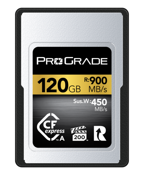 ProGrade Digital Cfexpress Type B memory card with 120GB capacity and 900MB/s read speed specifications.