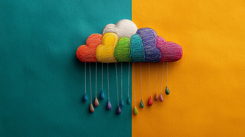 Colorful wool cloud with rainbow yarn strands and felt raindrops against split teal and gold background.