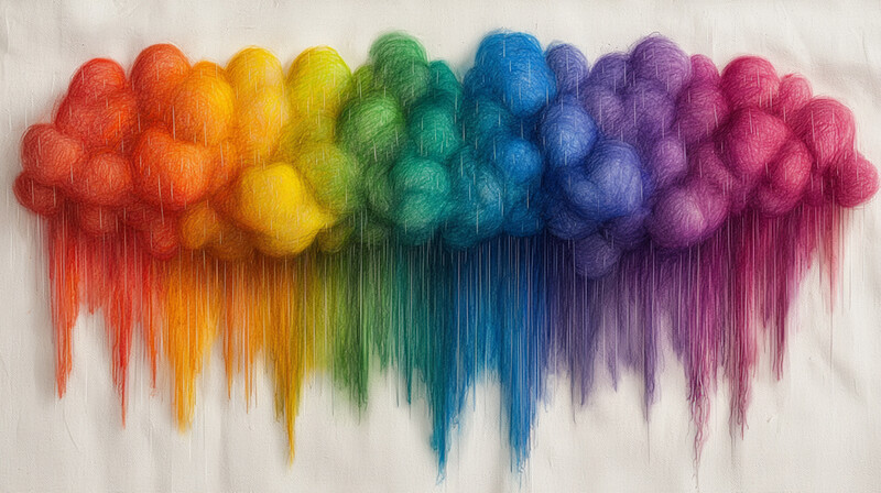 Illustration of a rainbow cloud with spherical pom-pom forms dripping paint downward in vertical streams.