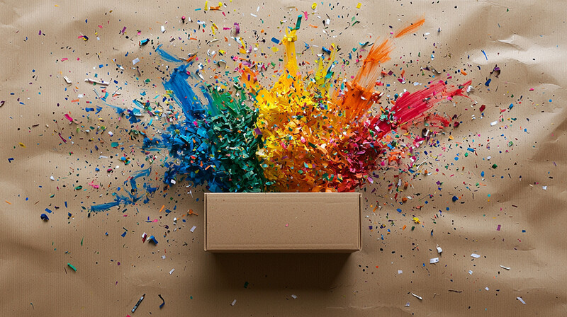 Cardboard box with vibrant multicolored paint and glitter exploding outward against a neutral kraft paper background.