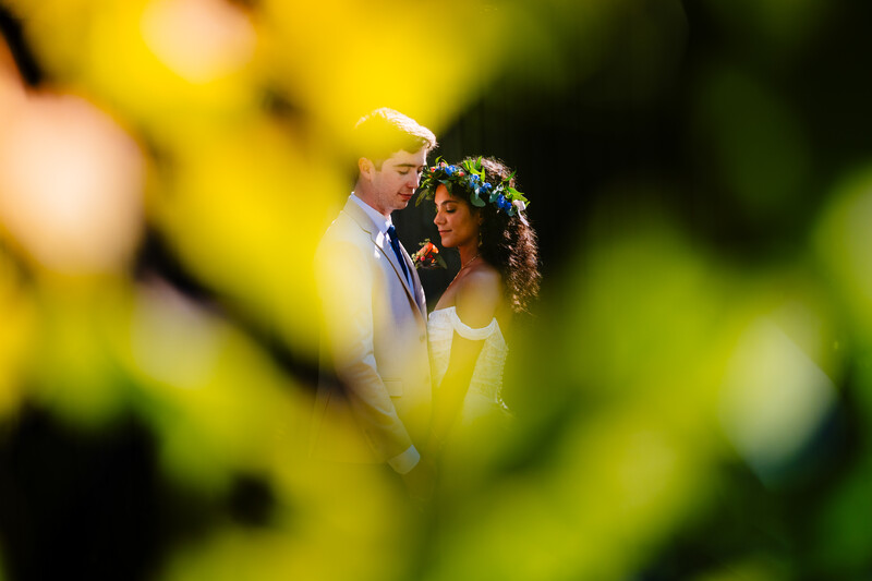 Bride and groom framed by yellow-green foliage, standing close together outdoors.