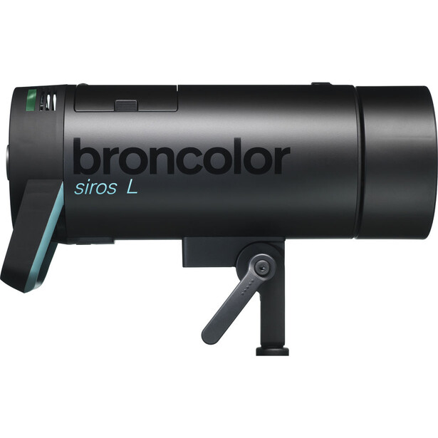 Broncolor Siros L monolight with folding stand and power controls on black cylindrical housing.
