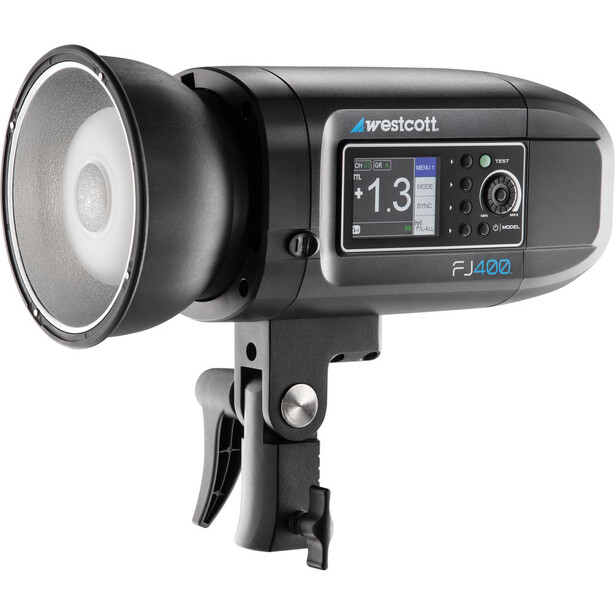 Westcott FJ400 studio flash with reflector mounted on light stand.