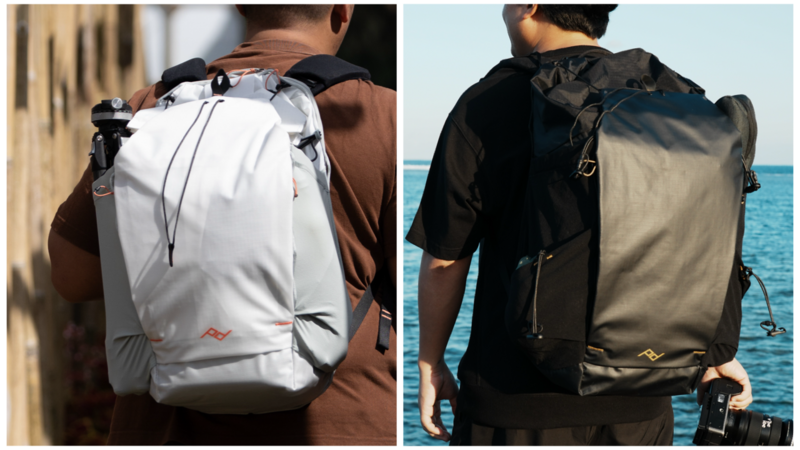 Two photographers wearing backpacks designed for camera gear and travel, shown from behind in different environments.