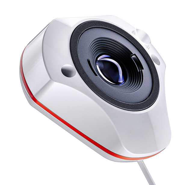 White and red compact camera with large lens element and attached cable.