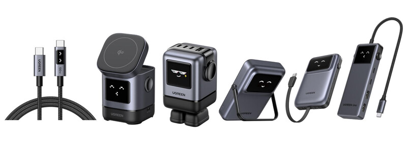 Seven Ugreen charging accessories and cables arranged in a row against a white background.