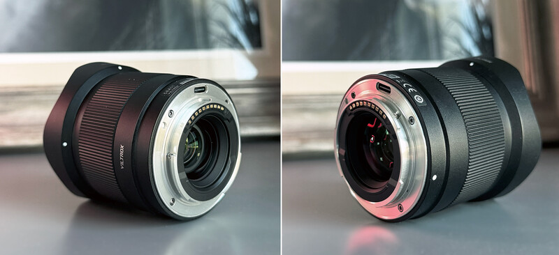 Two camera lenses shown from rear mount perspective, one with burgundy finish and one with pink finish, displaying internal lens elements and metal mounts.
