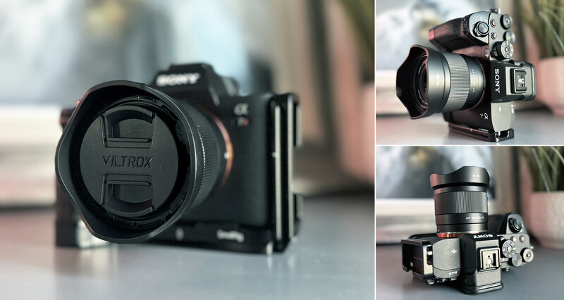 Viltrox lens cap on compact mirrorless camera with mounted lens shown from multiple angles.