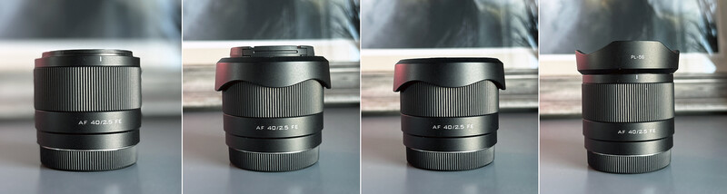 Four views of an AF 40/2.5 FE lens showing the lens cap and hood from different angles.