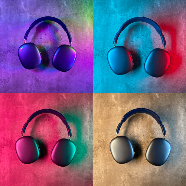 Four identical headphones displayed in a 2x2 grid against colorful gradient backgrounds in purple, cyan, coral, and neutral tones.